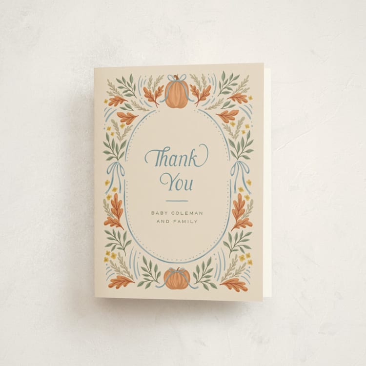 "Pumpkins + Bows" - Baby Shower Thank You Cards in Cornflower by Laura Hankins - Front