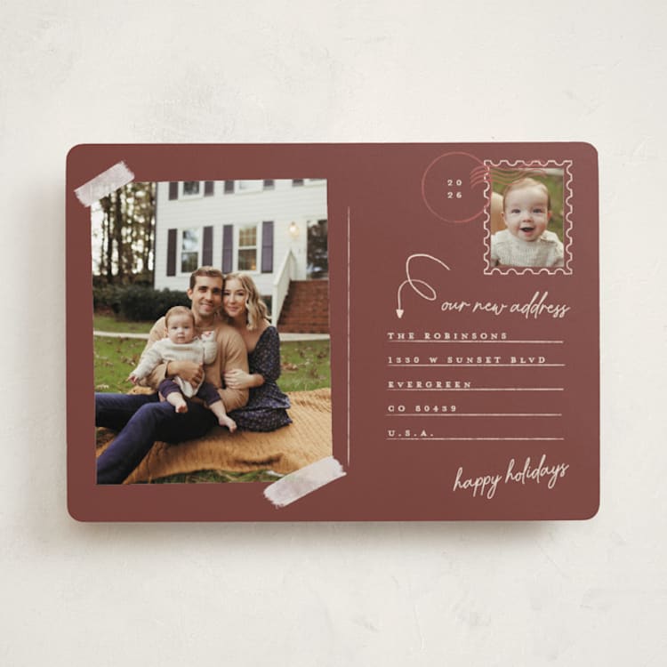 "Return Address" - Holiday Cards in Maroon by Gwen Bedat - Front