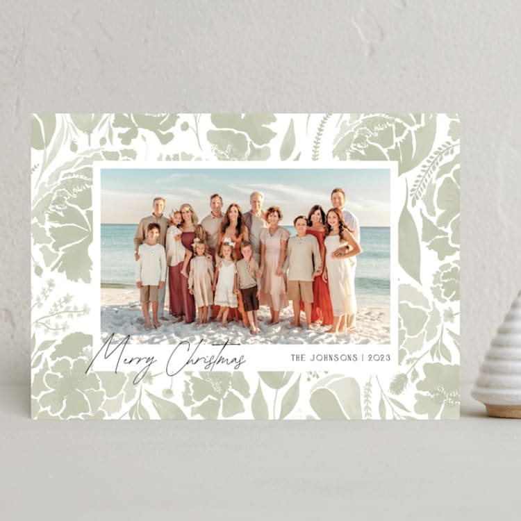 "Terra Cotta Floral Border" - Holiday Cards in Sage by Erika Firm - Front