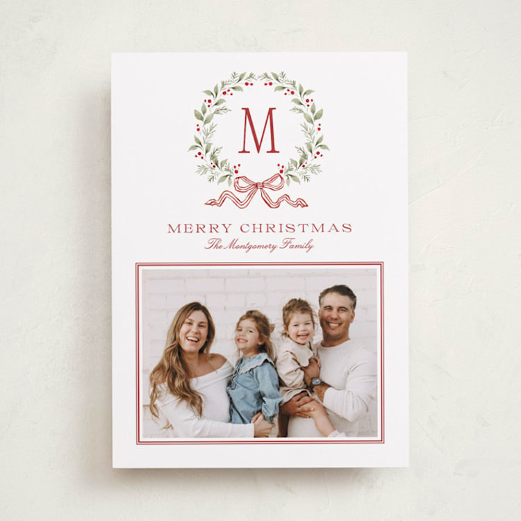 "Holly Berry Monogram" - Holiday Cards in Cranberry by Wildfield Paper Co - Front