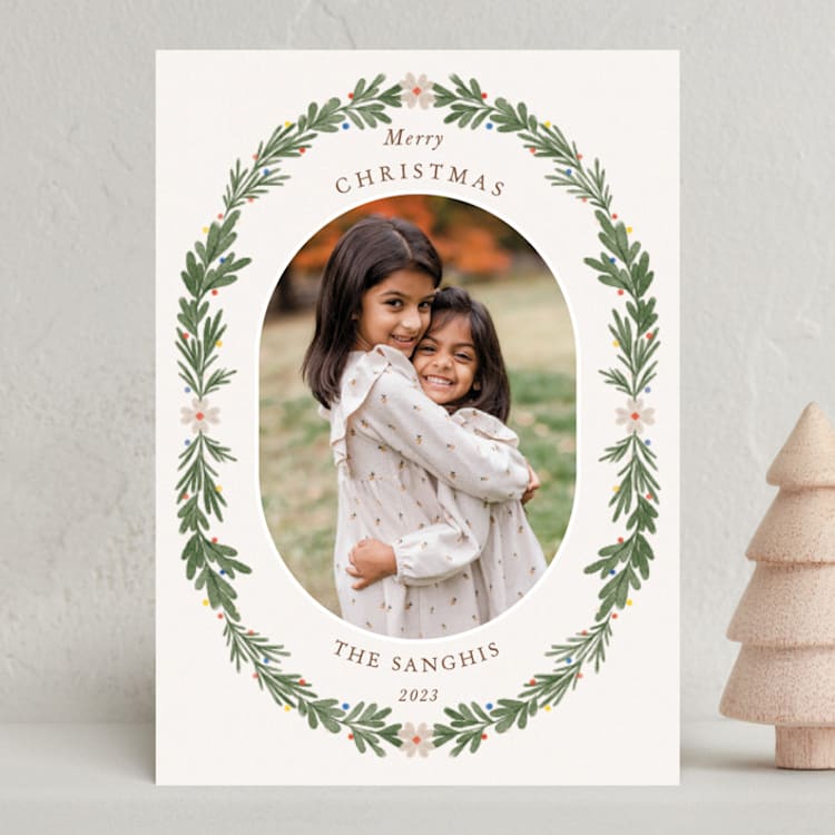 "Cheerful Wreath" - Holiday Cards in Sage by leslie hamer - Front