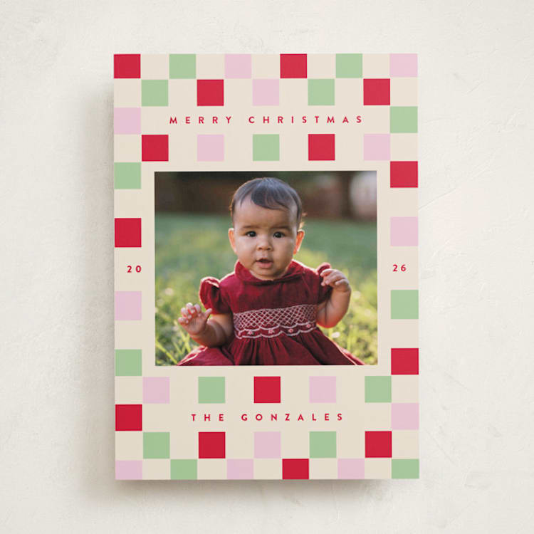 "Happy Checkers" - Holiday Cards in Cranberry by Katie Zimpel - Front
