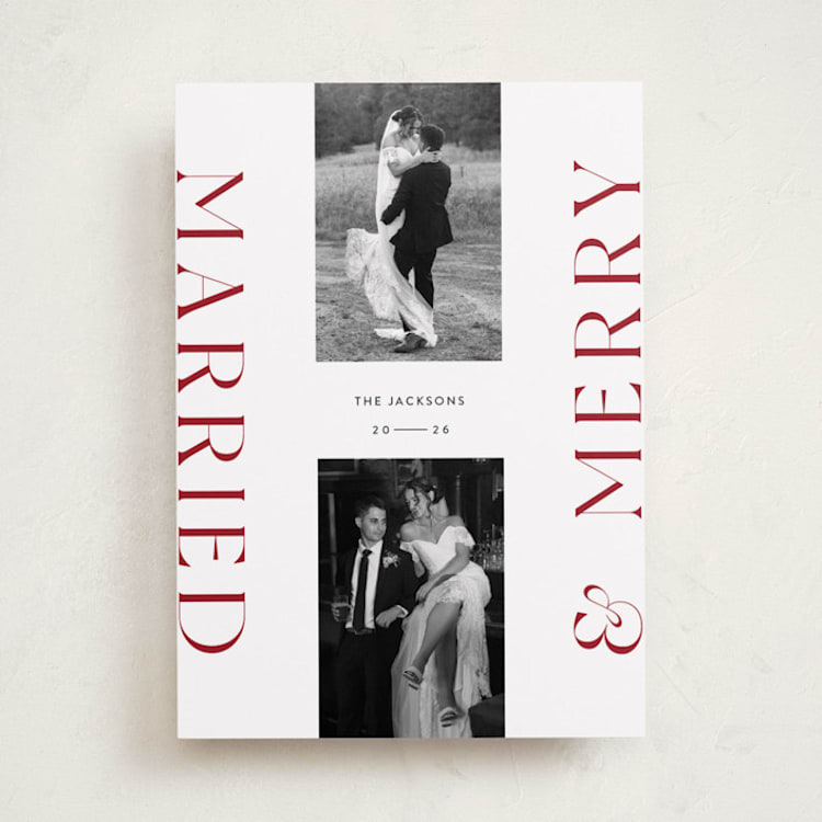"Merrily Married" - Holiday Cards in Cranberry by Laura Bercovich - Front