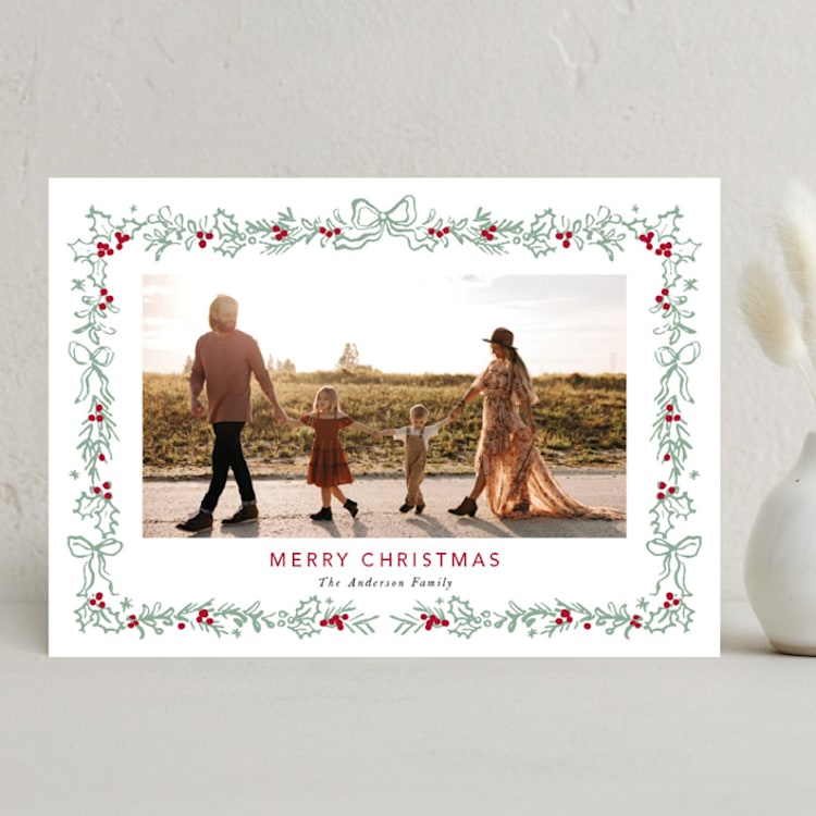 "Holly Leaves Border" - Holiday Cards in Mint by Cass Loh - Front
