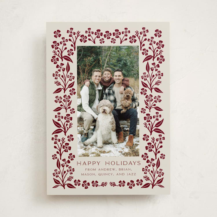 "Block Print Blossom" - Holiday Cards in Mulled Wine by Katharine Watson - Front