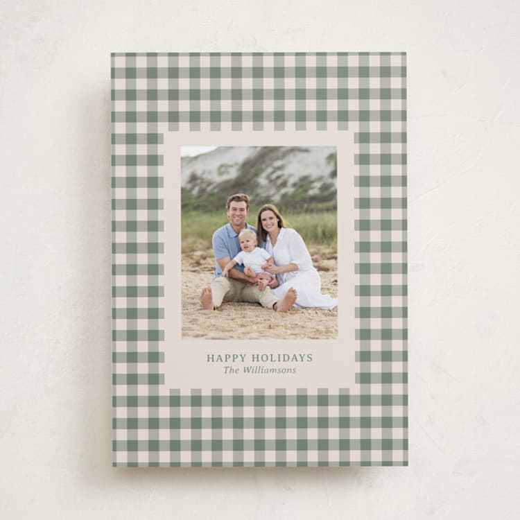 "Cozy Gingham" - Holiday Cards in Sage by Beth Vassalo - Front