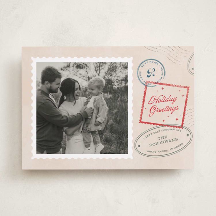 "Christmas Stamped" - Holiday Cards in Cream by Pixel and Hank - Front