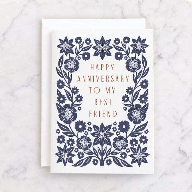 "Folk Frame Floral" - Single Greeting Cards in Navy by Katharine Watson - Front