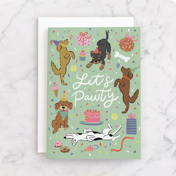 "Let's Pawty" - Single Greeting Cards in Mint by Lauren Jinhee - Front