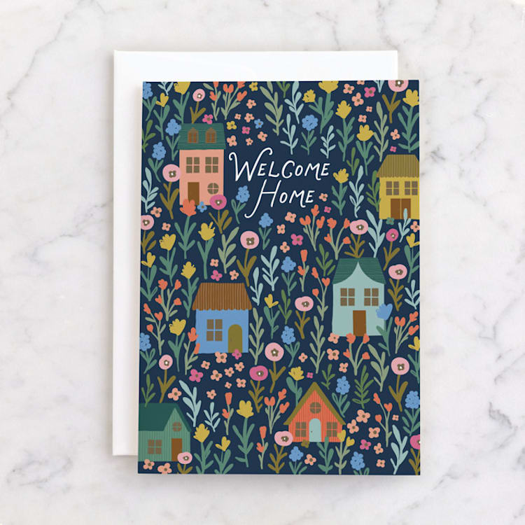 "Floral Village" - Single Greeting Cards in Navy by Kelly Watkins - Front