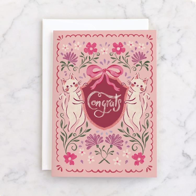 "kitty says congrats" - Single Greeting Cards in Peony by Vivian Yiwing - Front