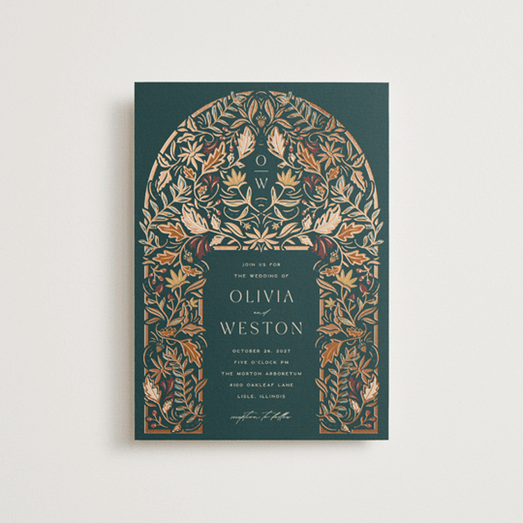 "Autumnal Arch" - Wedding Invitations in Deep Sea by Erin German - Front