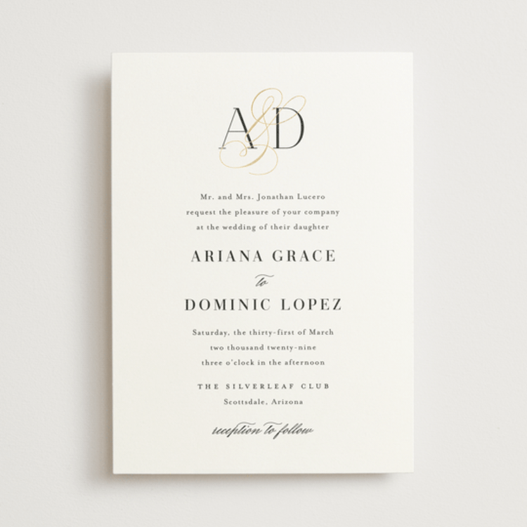 "Gilded Ampersand" - Wedding Invitations in Cotton by Jennifer Postorino - Front