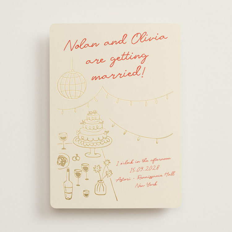 "Party On!" - Wedding Invitations in Sangria Spark by Zove Ahhh - Front