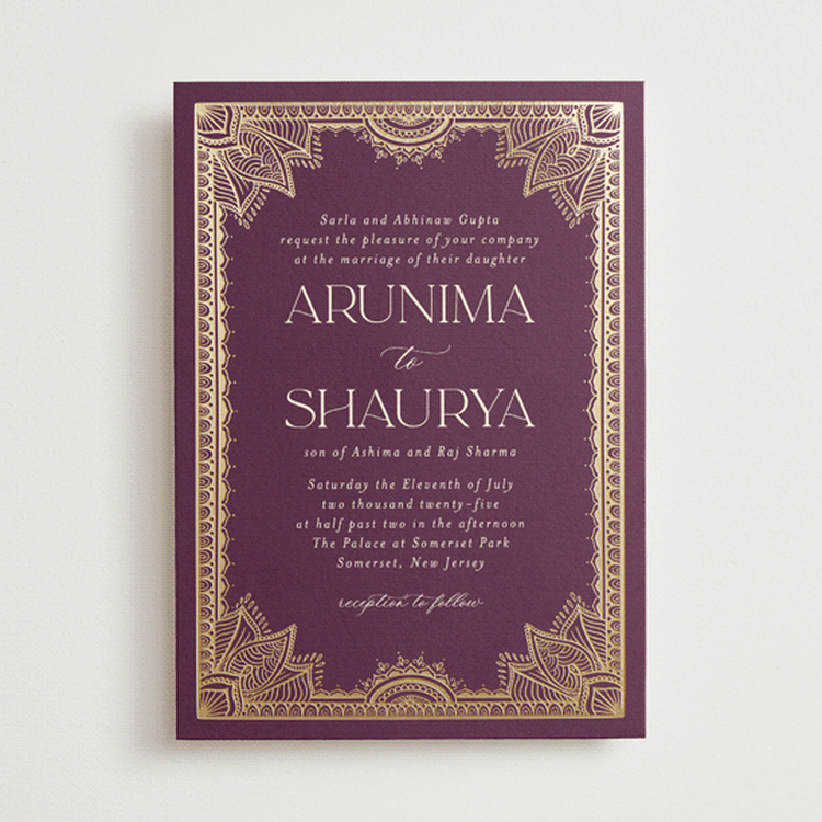 "Arunima" - Wedding Invitations in Plum by Randi Cirelli - Front
