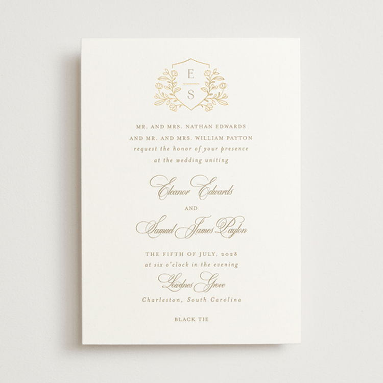 "Gold Crest" - Wedding Invitations in Ivory by Mansi Verma - Front