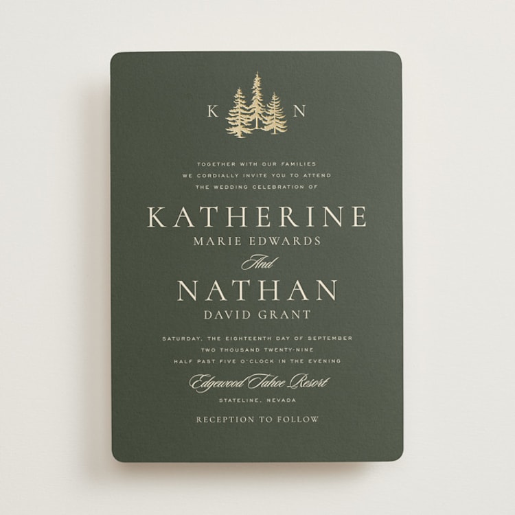 "Gilded Forest" - Wedding Invitations in Pine by Stacy Maalouf - Front