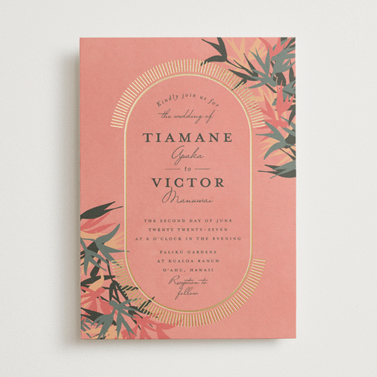 "Birds of Paradise" - Wedding Invitations in Coral by Julie Hebert - Front