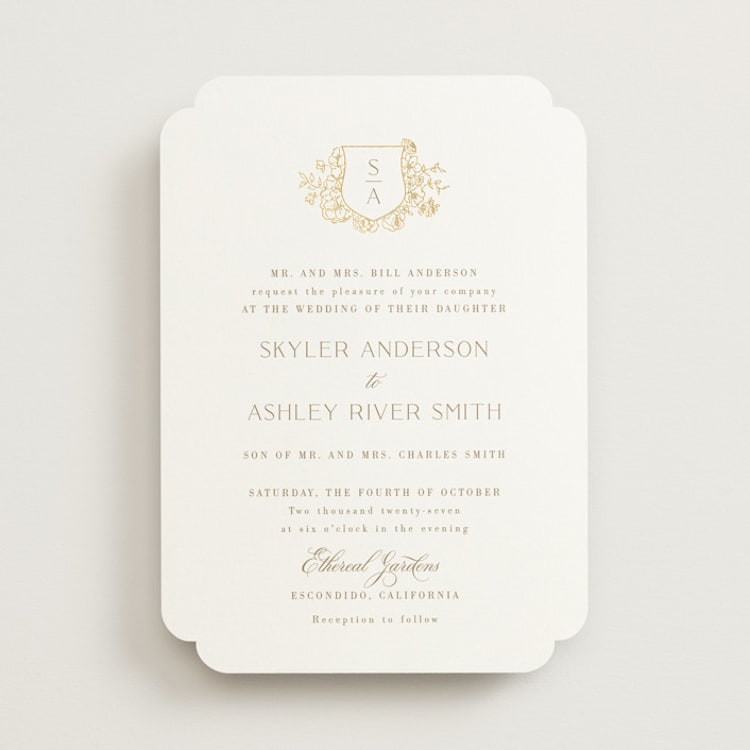 "floral crest" - Wedding Invitations in Champagne by Cass Loh - Front