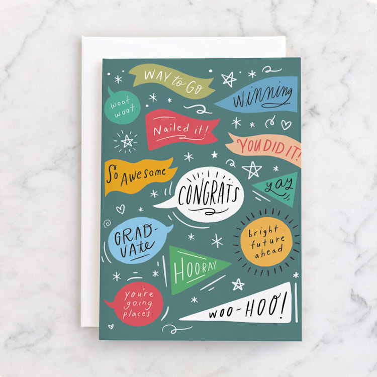 "Congrats Banners" - Single Greeting Cards in Seagreen by Hannah Williams - Front