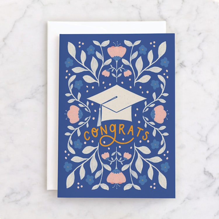 "Floral Graduation" - Single Greeting Cards in Royal by Brenda Bird - Front