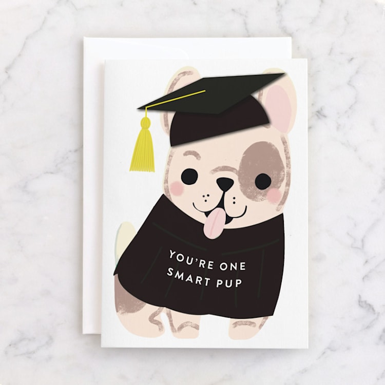 "Frenchie Grad" - Single Greeting Cards in Ivory by Itsy Belle Studio - Front