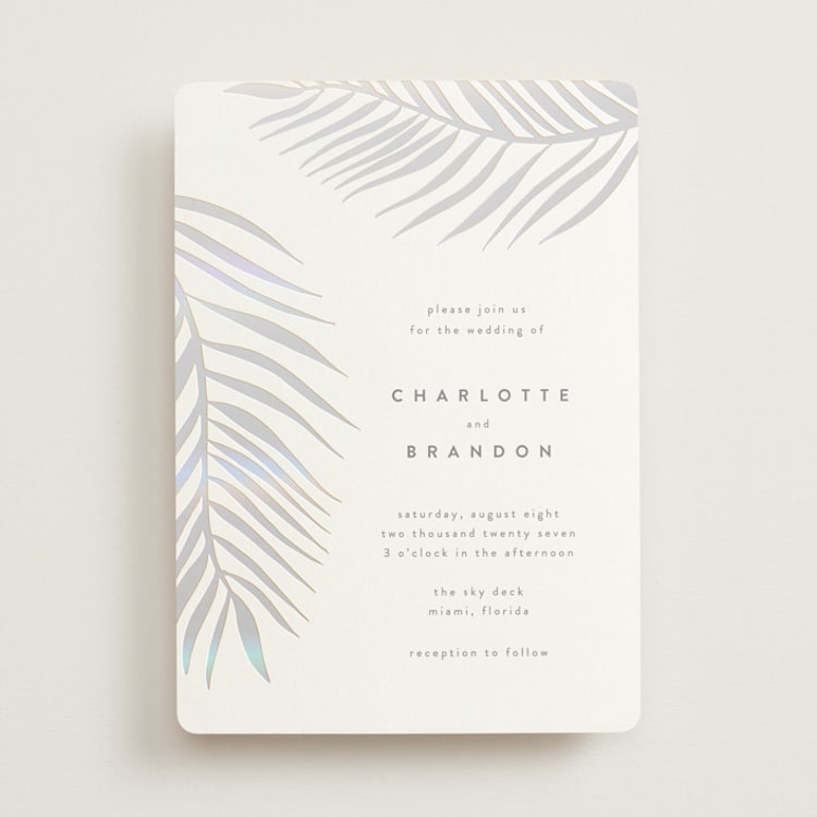 "Palm Vibes" - Gloss-Press® Wedding Invitations in Porcelain by Pixel and Hank - Front