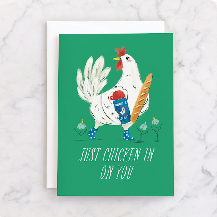 "Chicken in on You" - Single Greeting Cards in Putting Green by Jackie Crawford - Front