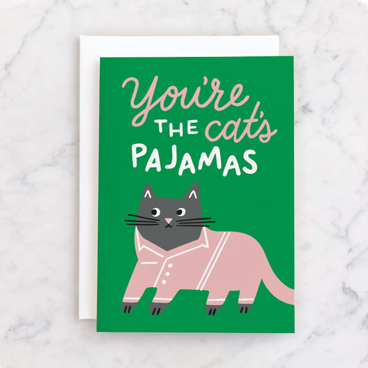 "Cat's Pajamas" - Single Greeting Cards in Emerald by Genna Blackburn - Front