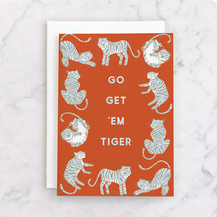 "Go Get 'Em Tiger" - Single Greeting Cards in Tiger by Lissabeth Anglin - Front