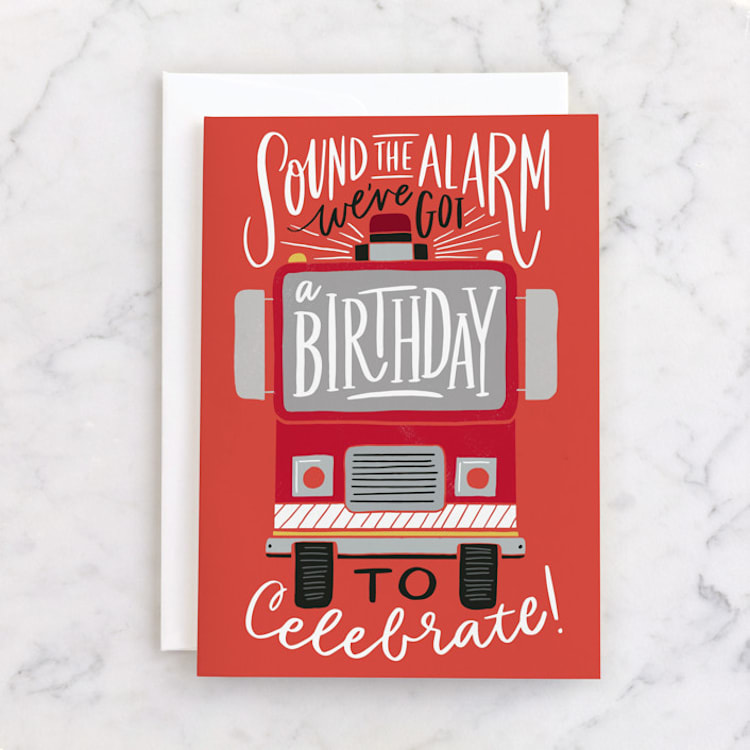 "Sound the Alarm Firetruck" - Single Greeting Cards in Fire by Alethea and Ruth - Front