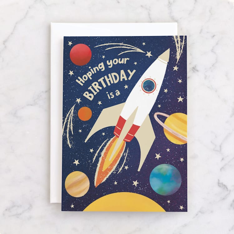"Birthday Blast" - Single Greeting Cards in Deep Space by Becky Nimoy - Front