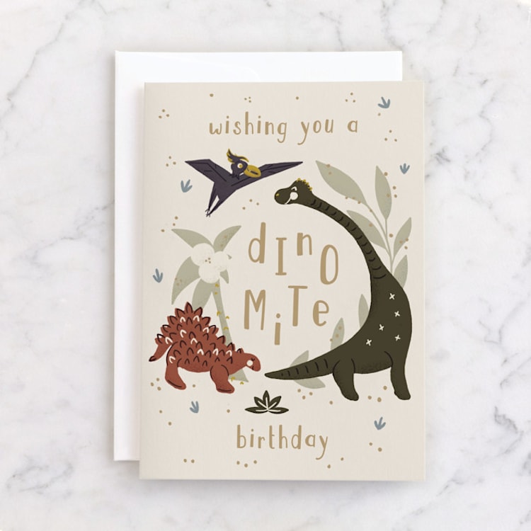 "Dinomite Birthday" - Single Greeting Cards in Eggnog by Gwen Bedat - Front