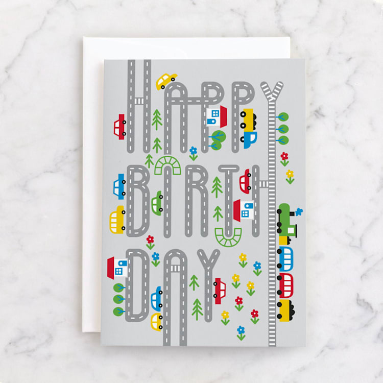 "HAPPY TRAFFIC" - Single Greeting Cards in Mist by Mojca Budnar - Front