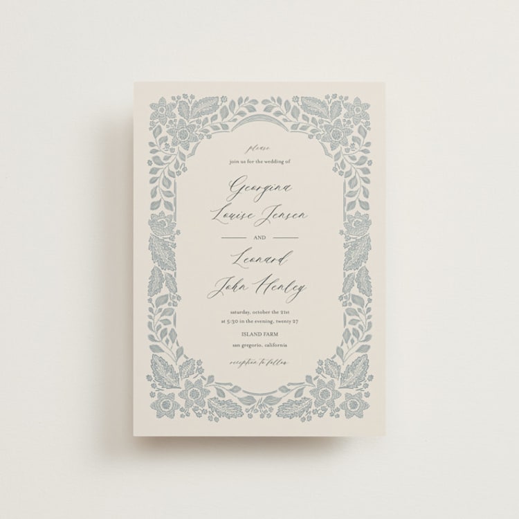 "Embroidered" - Wedding Invitations in Dusty Blue by Jen Owens - Front