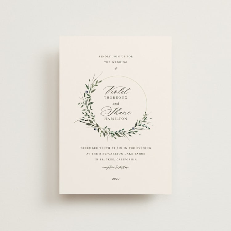 "Green Wreath" - Wedding Invitations in Champagne by Lori Wemple - Front