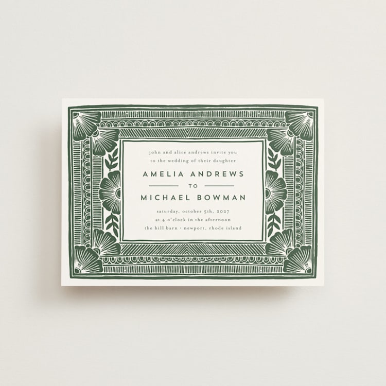 "Block Print Frame" - Wedding Invitations in Fern by Katharine Watson - Front