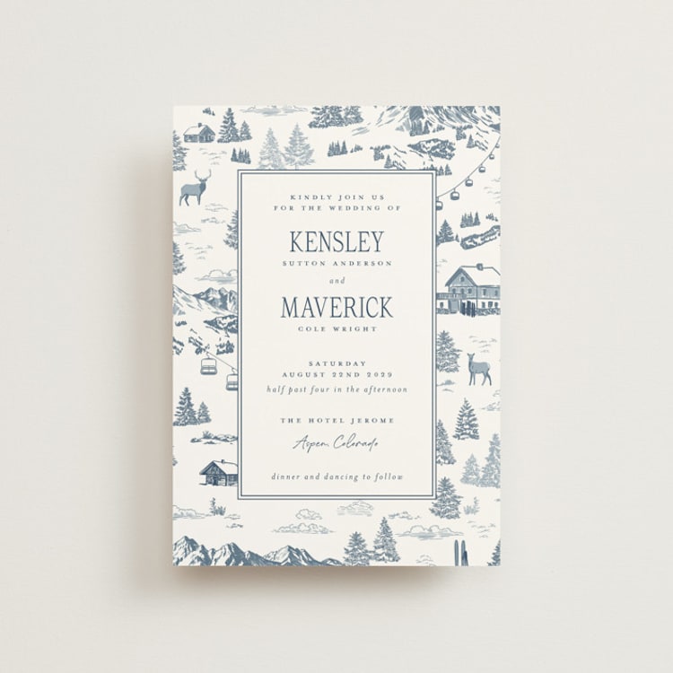"Aspen Toile" - Wedding Invitations in Denim by Jenna Holcomb - Front