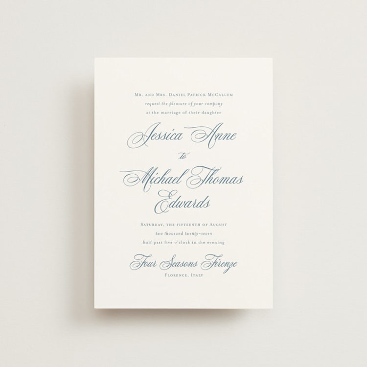 "Empire" - Wedding Invitations in Dusty Blue by Jennifer Postorino - Front