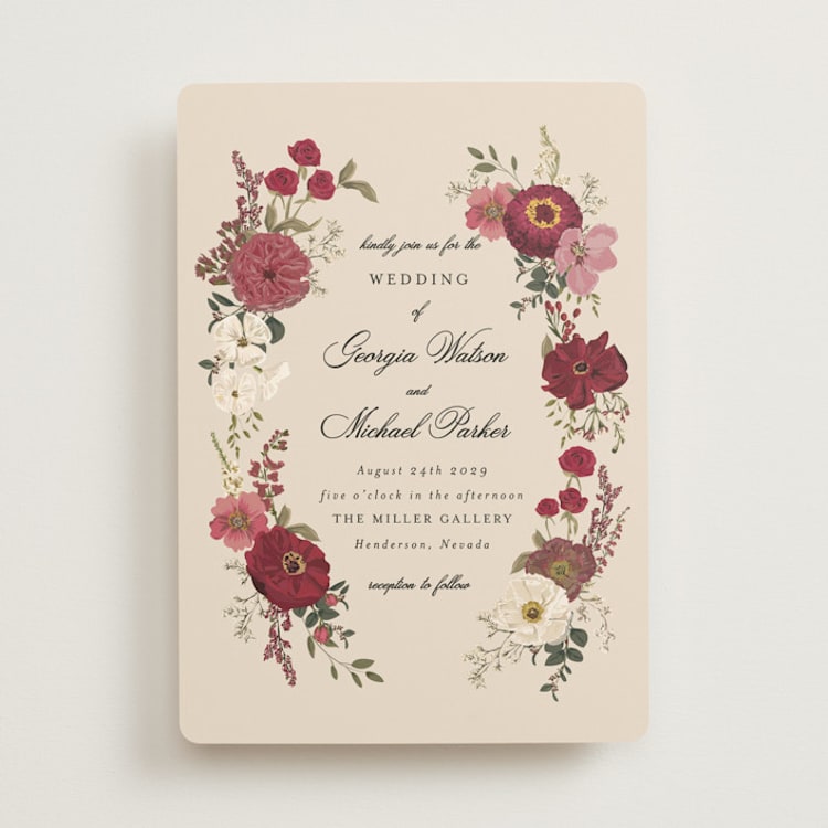 "Cherished" - Wedding Invitations in Merlot by Susan Moyal - Front