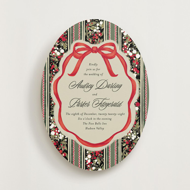 "Holiday Ribbon" - Wedding Invitations in Ruby by Jackie Crawford - Front