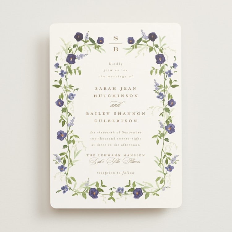 "Wildflower Trellis" - Wedding Invitations in Iris by Everett Paper Goods - Front