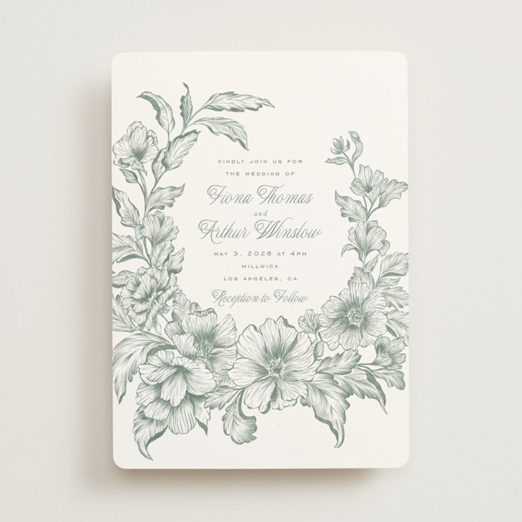 "Wreath In Bloom" - Wedding Invitations in Sage by Leah Bisch - Front