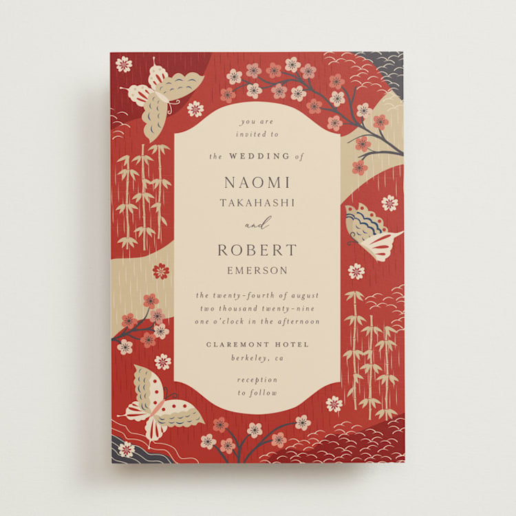 "Japanese Textile" - Wedding Invitations in Rose by Jennifer Holbrook - Front
