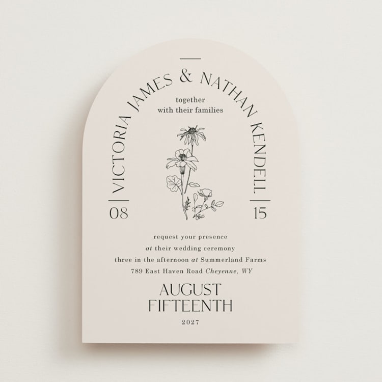 "Floral Type Arch" - Wedding Invitations in Linen by Baumbirdy - Front