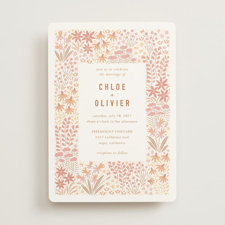 "Floral Border" - Wedding Invitations in Peach by Pippa Shaw - Front