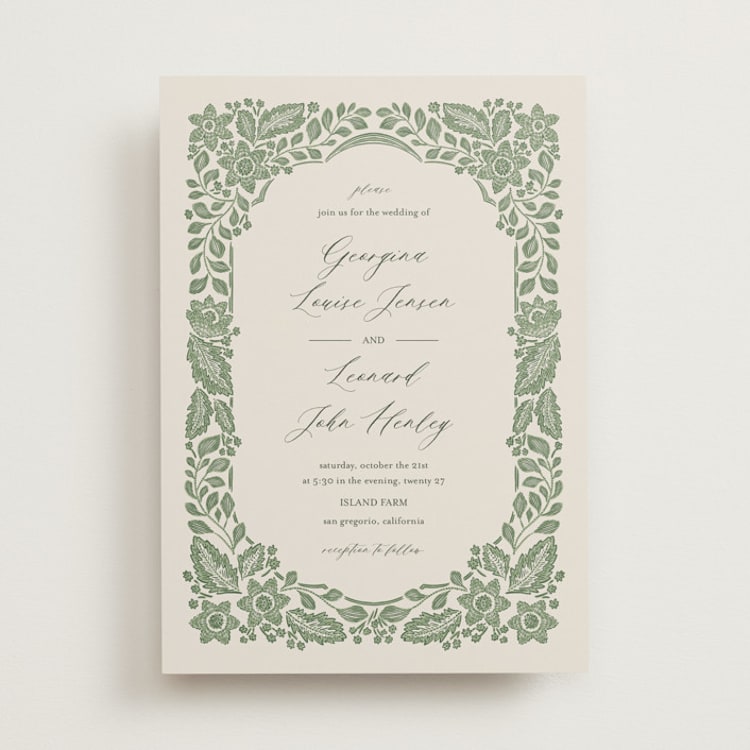 "Embroidered" - Wedding Invitations in Moss by Jen Owens - Front