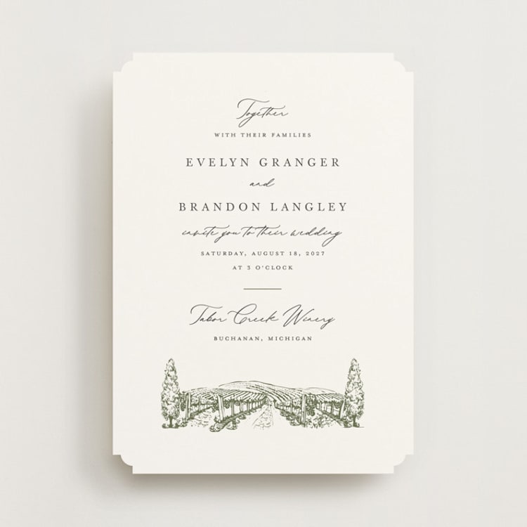 "Vineyard" - Wedding Invitations in Olive by Sarah Brown - Front