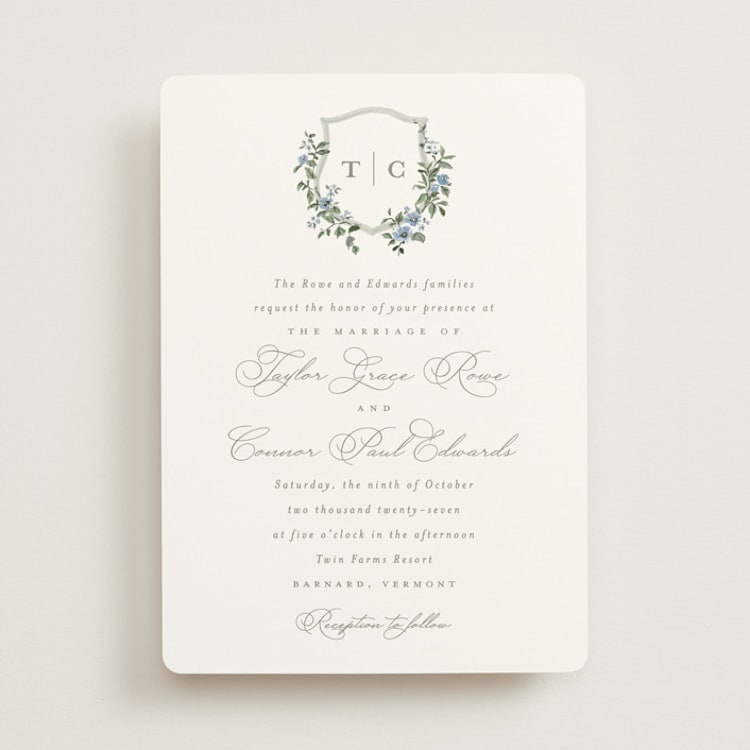 "Foliage Crest" - Wedding Invitations in Sky by Everett Paper Goods - Front