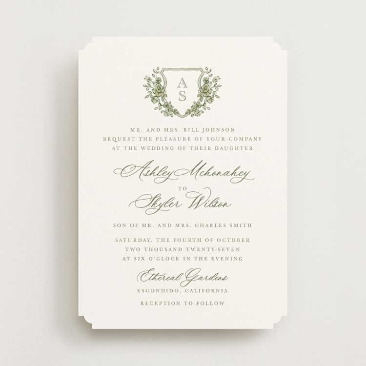 "watercolor flowers crest" - Wedding Invitations in Moss by Cass Loh - Front